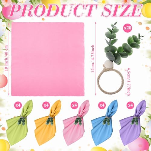 Preboun 20 Pcs Easter Pastel Cloth Napkin with 20 Leaf Napkin Rings 19 x 19 Inch Spring Dinner Reusable Fabric Cocktail Napkins for Farmhouse Easter Party Dinner Table Supplies - Image 2