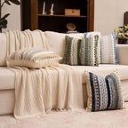 Boho Chenille Tufted Throw Pillow Covers 18x18 Inch Set of 2 Farmhouse Yellow Woven Striped Decorative Pillowcases for Couch Sofa Bed - Image 3
