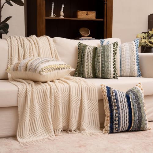 Boho Chenille Tufted Throw Pillow Covers 18x18 Inch Set of 2 Farmhouse Grey Blue Woven Striped Decorative Pillowcases for Couch Sofa Bed - Image 3