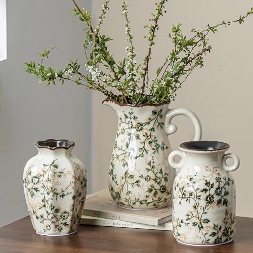 Ceramic Flower Vase Set for Home Decor, Vintage Green Vase (6+6+7 Inch) by SUREYUESI