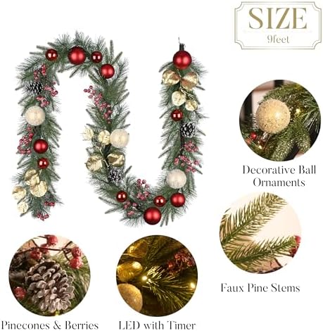 Valery Madelyn 9 Ft Christmas Garland with Lights for Mantle Red Gold - Image 6