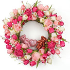 J'FLORU Valentines Day Decorations Romantic Valentines Day Gifts 22 Inch Valentine's Day Wreath with Lovely Bear Heart Roses Tulips for Valentine Party Anniversary Candlelight Dinner by JFLORU