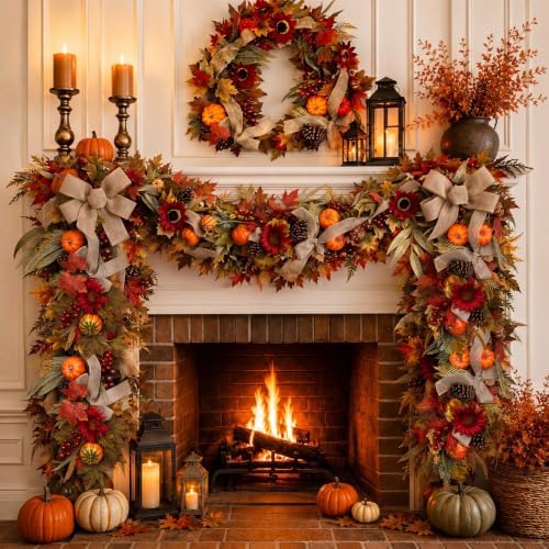 6 ft Fall Garland for Mantle Pumpkin Maple Leaf Garland - Image 3