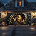 Halloween Garage Door Banner 7x16 FT - Realistic Skeleton Breaking Through Wall Backdrop Cover, Glowing Gold Skull Monster Hanging Decor for Double Car Garage Door Outdoor Yard Scary Party - Image 3