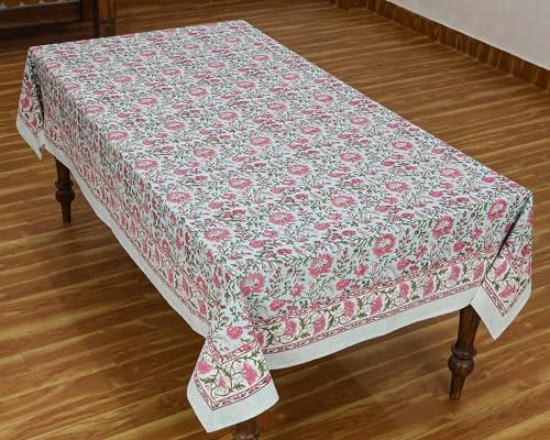 72x135 Inches Rectangle Hand Block Printed Cotton Tablecloth, Green Pink Floral Table Cloths Washable, Indian Table Linen for Halloween Christmas Outdoor Thanksgiving Gifts Home Decor Dinning Outdoor - Image 4