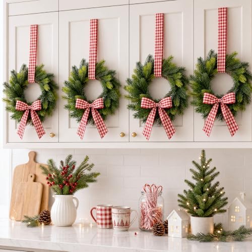 Thiccywoov 8 Pcs 9" Mini Christmas Wreaths for Cabinets with Plaid Bow - Image 2