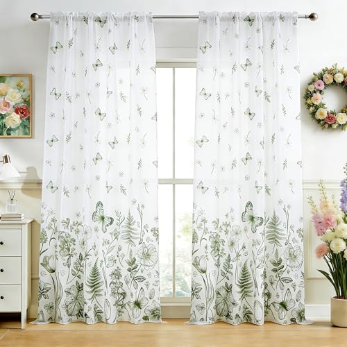 youleyar Floral Printed Curtains 72 Inches Long, 2 Panels Farmhouse Vintage Country Boho Design Curtain for Living Room, Floral and Butterfly Drapes for Bedroom, 52" W x 72" L by Youleyar