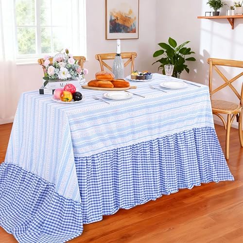 Easter Tablecloth Blue Rabbit Ruffle Table Cloth - 90 x 132 Inch Waterproof Tablecloths Rectangle Washable Polyester Bunny Flowers Table Cover for Birthday Wedding Dinner Picnic Party Decoration - Image 6