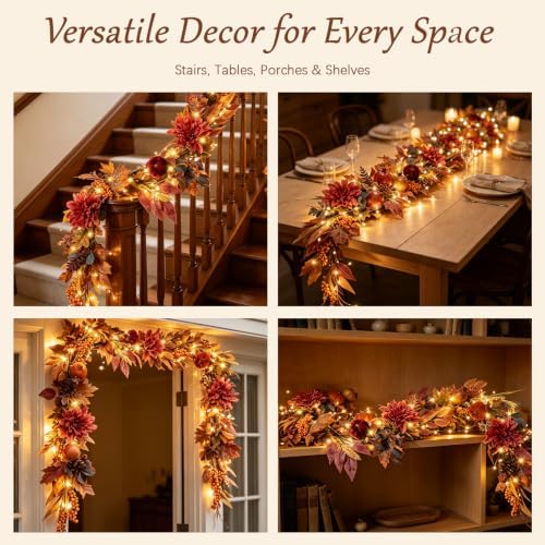 Thanksgiving Harvest Garland 6FT, Dahlia Pumpkin Pomegranate Berries Maple Leaves Grapevine with LED Lights, Fall Farmhouse Mantle Decor and Autumn Fireplace Table Centerpiece - Image 7