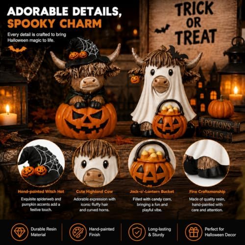 Karenhi 2 Pcs Halloween Highland Cows Figurines Resin, Pumpkin Decor - Image 4