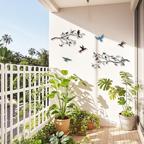 4PCS Metal Birds Wall Decor, Birds on the Branch Silhouette Art, Metal Leaves with Hummingbirds Outdoor Art Hanging Wall Sculpture for Home Office Balcony Garden Decor.（Colorful,Hummingbirds） - Image 6