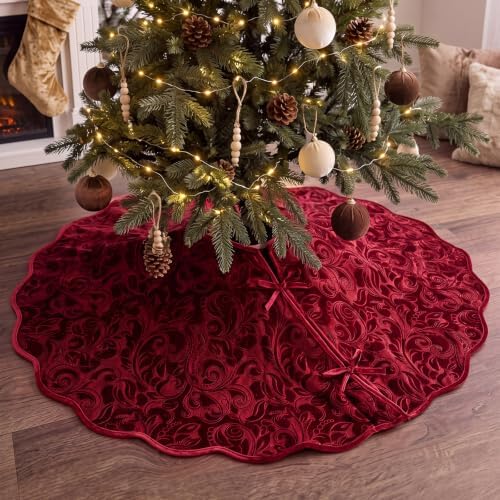 Velvet Christmas Tree Skirt Decor, 48 Inches, Scalloped Edge, Red - Image 5