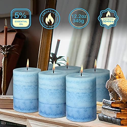 3x4 Inche Pillar Candles Ocean Scented Aromatherapy Candles Long Lasting Burn Blue Mottled 3-Layered Candles for Home Scented, SPA, Restaurant, Set of 3, Immeiscent - Image 5