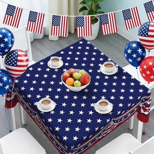 Square 4th of July Tablecloth 60x60 Inch, Patriotic Red White and Blue Table Cloth, Polyester Waterproof Wrinkle Resistant Independence Day Table Cover for Memorial Day Decorations Decor - Image 3