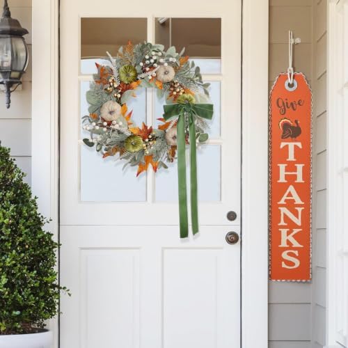 20 Inch Pre-Lit Pumpkin Fall Wreath with Velvet Bow for Front Door - Image 2