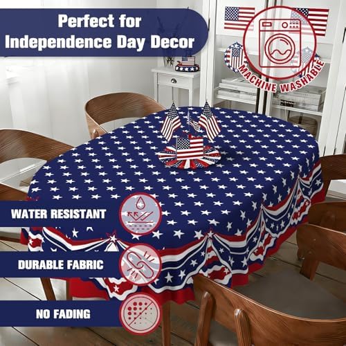 Oval 4th of July Tablecloth 60x102 Inch, Patriotic Red White and Blue Table Cloth, Polyester Waterproof Wrinkle Resistant Independence Day Table Cover for Memorial Day Decorations Decor - Image 5