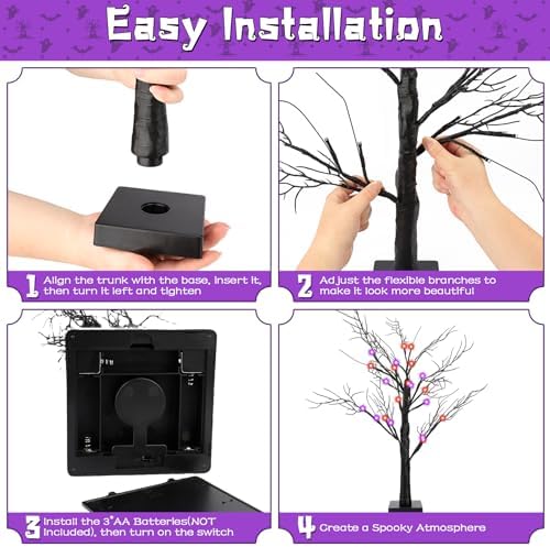 2Pack 24 Inch Halloween Spooky Tree with Lights, Lighted Tabletop Black Tree with Timer, Indoor Halloween Decorations for Home - Image 3