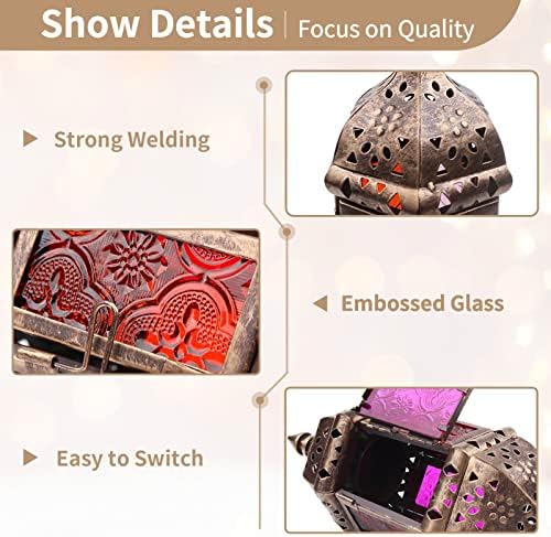 6 Pcs Hanging Hexagon Decorative Moroccan Candle Lantern Holders, Handmade Hanging Tea Light Holder in Bronze Metal & Red & Purple Glass Gift & Decor Items - Image 4