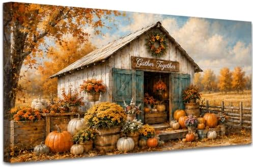 WAXWHELK Fall Canvas Wall Art Rustic Farmhouse Barn Painting Pictures with Pumpkins Mums and Gather Together Sign, Autumn Thanksgiving Home Decor Artwork for Living Room Bedroom, (24"x47") by Unknown