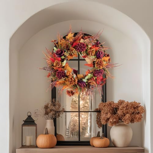 Fall Wreaths for Front Door 22 Inch Autumn Wreath with Burnt Orange Chrysanthemum Peonies Flowers Maple Leaves Farmhouse Fall Wreath for Outdoor Porch Window Thanksgiving Harvest Decor - Image 4