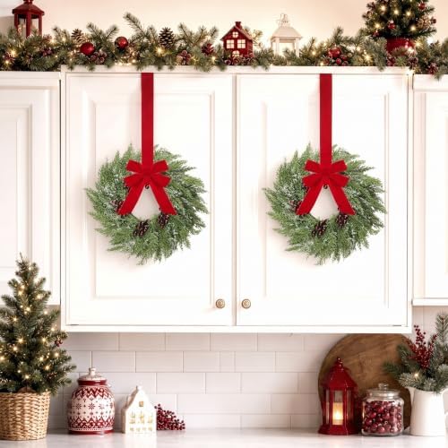 Barydat 6 Pcs 15" Mini Christmas Wreaths for Kitchen Cabinet with Long Bow - Image 2
