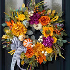 24 Inch Artificial Fall Wreaths for Front Door Outside with Striped Bow by CHVista