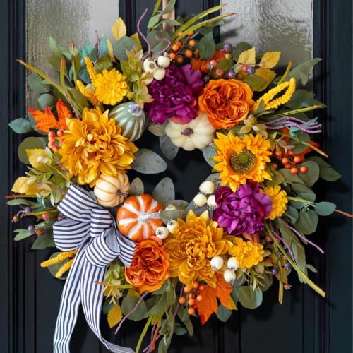 24 Inch Artificial Fall Wreaths for Front Door Outside with Striped Bow by CHVista