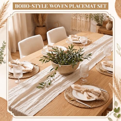 Fanfanwin Set of 6 Boho Woven Placemats with Khaki Napkins, 13 in - Image 5