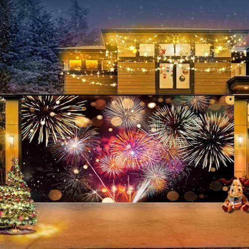 7x16ft Gorgeous Fireworks Garage Door Banner Cover Happy New Year 2026 Photography Backdrop Colorful Blurry Bokeh Fireworks New Year's Eve Celebration Countdown To New Year Banner Party Decor by DORCEV