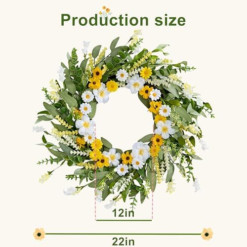 Artificial Spring Wreath 22 Inch Spring Wreaths for Front Door Summer Wreath with White Yellow Daisy Lavender and Green Leaves for Wall Porch Farmhouse Party Easter Celebration - Image 6