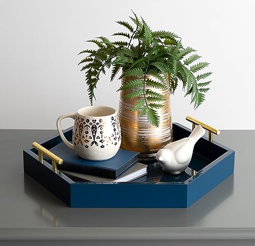 Kate and Laurel Lipton Hexagon Decorative Tray with Polished Metal Handles, Navy Blue and Gold - Image 3