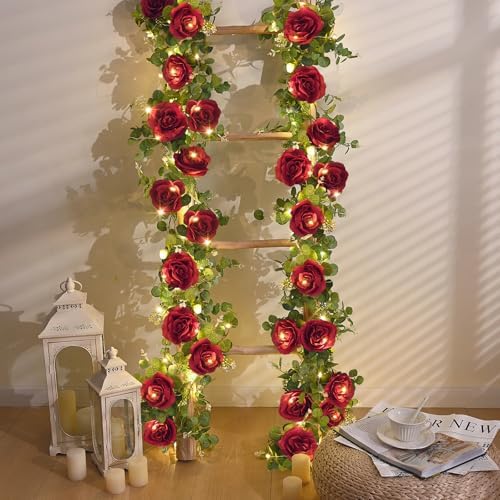 Dolicer 2Pcs 13Ft Artificial Eucalyptus Garlands with Flowers - 8 Roses, Faux Floral Greenery Garlands with 13Ft String Lights Fake Flowers Vines for Wedding Table Centerpieces Arch Party Decor (Red) - Image 6