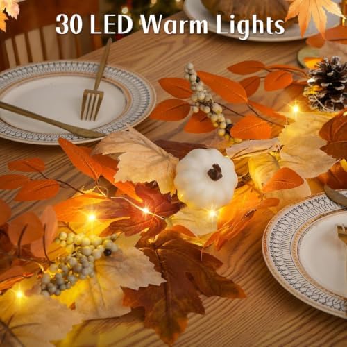 2 Pack 9Ft Fall Garland with Lights, Thanksgiving Mantel Decor - Image 3