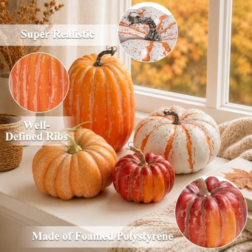 4 PCS Assorted Sizes Rustic Fall Artificial Pumpkins, Realistic Faux Pumpkins with Vintage Orange White Red Finishes, for Fall Halloween Thanksgiving Holiday Home Mantel Tabletop Decorations - Image 3
