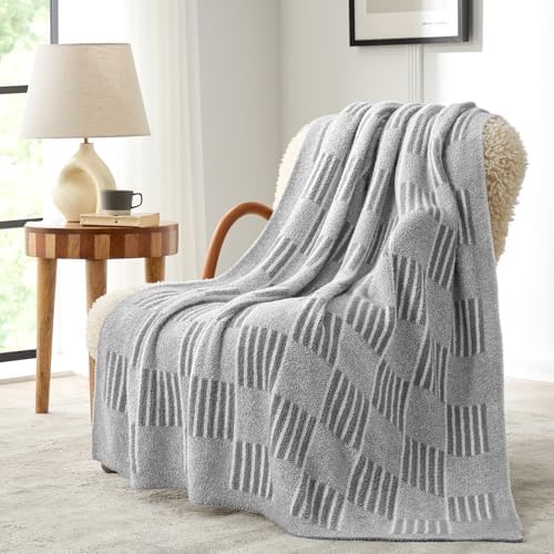 Snuggle Sac Checkered Throw Blanket for Couch,Reversible Soft Cozy Fluffy Blankets for Sofa Bedroom,Cute Lightweight Striped Throws for Women,Heather Light Grey,50x60 inches by SnuggleSac