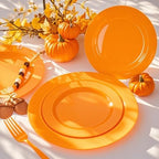 FLOWERCAT 60PCS Orange Plates - Heavy Duty Orange Plastic Plates Disposable for Fall Party & Halloween&Thanksgiving - Serve 30 Guests 10.25inch and 7.5inch - Image 2
