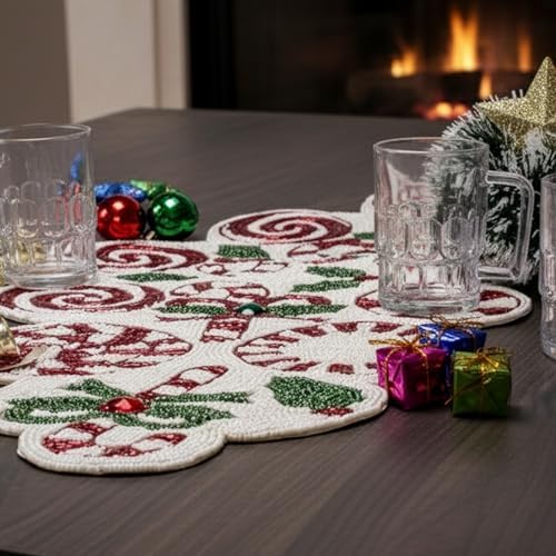 CLEENTABLE Christmas Beaded Table Runner, Red & White, 13x36 - Image 3