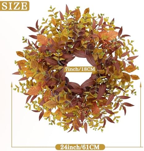 Fall Wreaths for Front Door 24 Inch Large Artificial Autumn Wreath with Eucalyptus Leaves Harvest Thanksgiving Indoor Outdoor Decor Porch Window Wall Farmhouse Rustic Hanging Door Decorations - Image 2