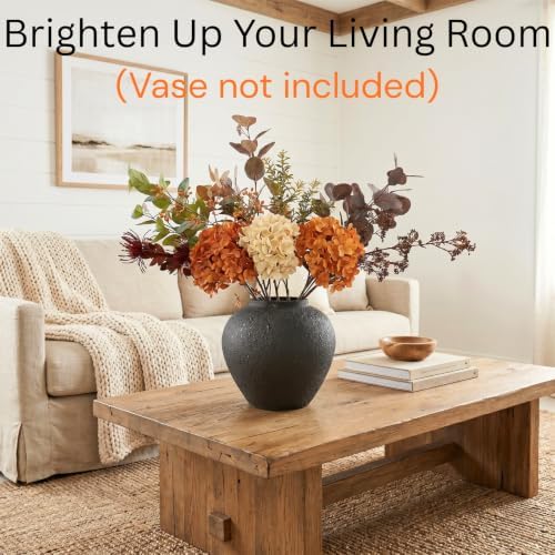 Fall Centerpieces for Tables - Burnt Orange Hydrangea & Eucalyptus Stems - Image 2