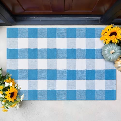 Buffalo Plaid Outdoor Rugs, 4'x6' Blue and White Checkered Indoor Outdoor Area Rug, Layering Rug for Welcome Door Mat, Washable Cotton Woven Farmhouse Mat for Spring Easter Front Porch Décor - Image 5