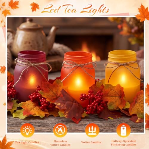 6 Thanksgiving Mason Jar Centerpieces for Tables with Fall Maple Leaf Rings - Image 4