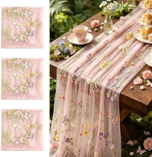 3 Pcs Floral Table Runner 10ft Embroidery Soft Flower Tulle by dgdgcool