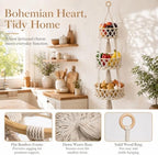 Macrame Hanging Fruit Basket, 3-Tier Boho Kitchen Storage(Gray) - Image 3