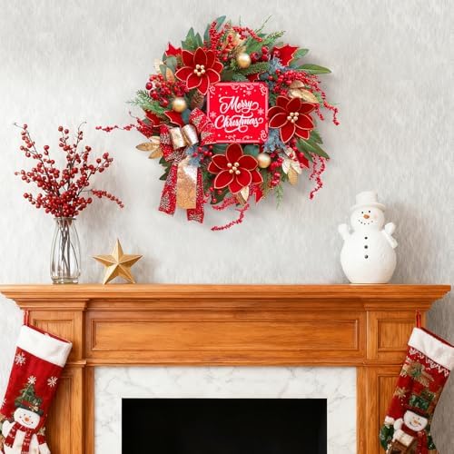 Christmas Wreath with Lights, 24 Inch Lighted Christmas Wreath for Front Door, Winter Wreath with LED Lights, red Berries, Pinecones, Gold Ball, Red Bow, Merry Christmas Sign for Indoor or Outdoor - Image 2