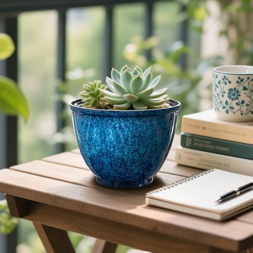 8 Inch Plant Pots Indoor Outdoor, Glazed Plastic Planter with Drainage - Image 4