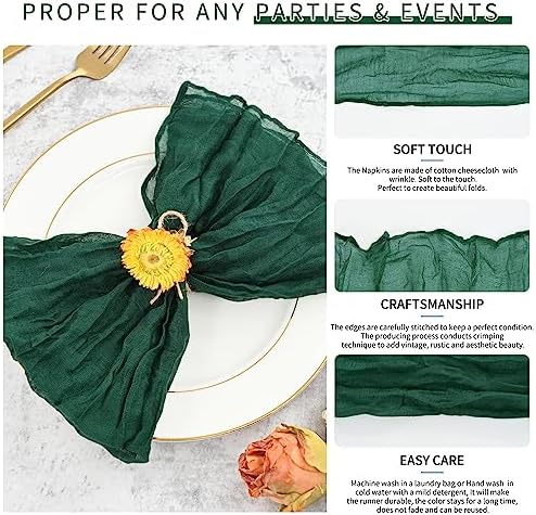 84 Packs Gauze Cheesecloth Napkins 20 x 20 Inch Emerald Green Wrinkled Dinner Napkins, Dark Green Rustic Boho Soft Cloth Napkin for Wedding Party Event Dinner Table Decoration - Image 3