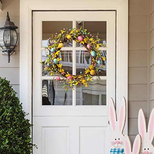Glitzhome 22" D Easter Wreath with Easter Eggs Berries and Forsythia for Front Door Wall Window Spring Easter Garland with Colored Eggs Berries Holiday Decoration - Image 3