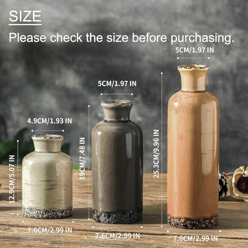Ceramic Vase Set of 3, Neutral Flower Vases Home Decor, Pottery Rustic Farmhouse Decorative Vases Modern Decor for Table Mantel Entryway Bookshelf Living Room Kitchen Bedroom - Brown - Image 2