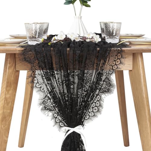 Black Lace Table Runner Fabric 6Pcs 30 x 120 Inch Rustic Vintage Kitchen by LuoluoHouse
