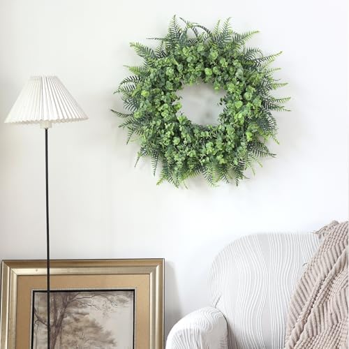 26" Artificial Eucalyptus & Boston Ferns Wreath for Front Door (Gray-Green) - Image 6